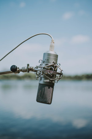 A vertical shallow shot of a gray recording microphone with a wire and a stand on a blurred blue...