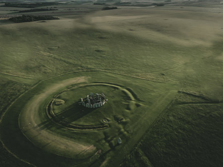 An aerial shot of the Stonehenge historical landmark located in England