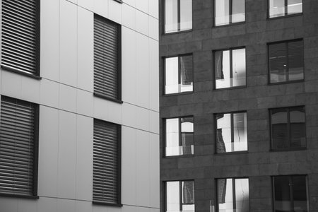 A greyscale shot of the windows of the buildings captured during the daytime