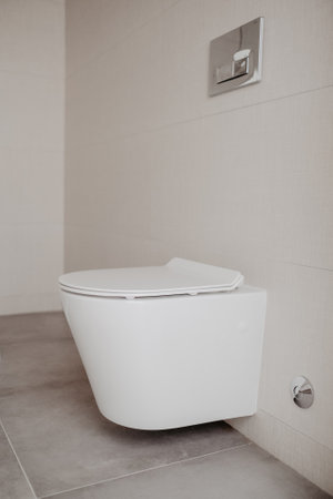 A vertical shot of white wall-hung toilet