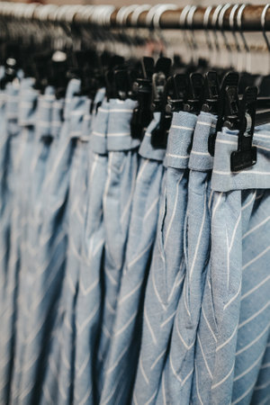 A closeup shot of pieces of clothing hanging on hangers in a textile factoryの写真素材