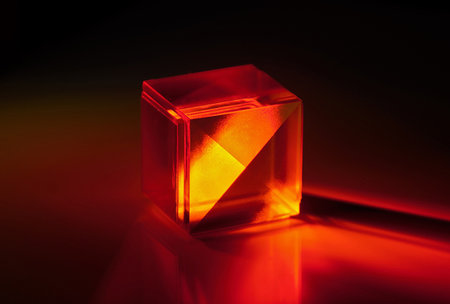 A closeup shot of crystal cube illuminated in redの写真素材