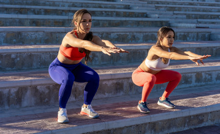 Two young Caucasian athletic female friends doing exercises and stretching outside - healthy lifestyle conceptの写真素材