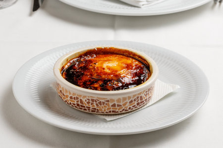 A closeup shot of a crema Catalana dessert on the restaurant tableの写真素材