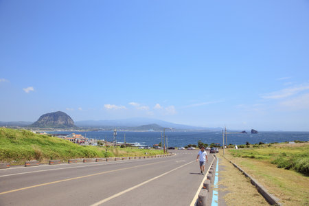 A beautiful shot of a street leading to a sea on a bright day in Jeju Island, Koreaの写真素材