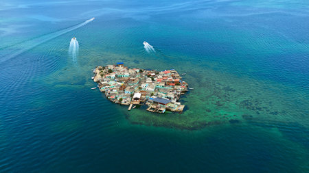 An aerial shot of the Santa Cruz del Islote island in Colombiaの写真素材
