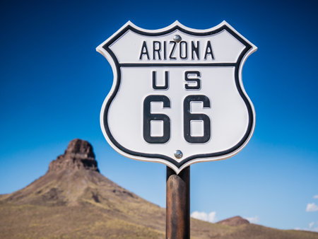 A beautiful shot of U.S. Route 66 in Arizona, USA with a clear blue sky backgroundの写真素材