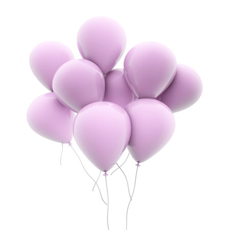 A bunch of purple balloons isolated on a white backgroundの写真素材