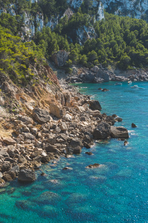 A vertical shot of turquoise water on a rocky beach in Ibiza - perfect for wallpaperの写真素材