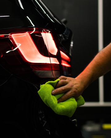 A selective focus shot of a man cleaning car's back headlight with a microfiber clothの写真素材
