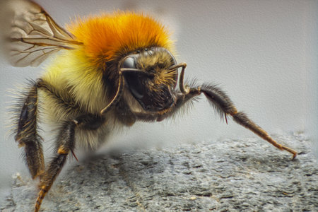 A selective focus shot of a bee on the gray surface