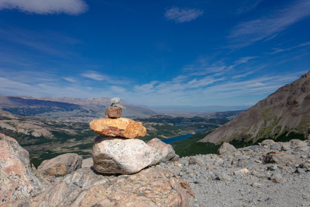A stone pile marks the summit of a hike in El Chalten, Patagonia.