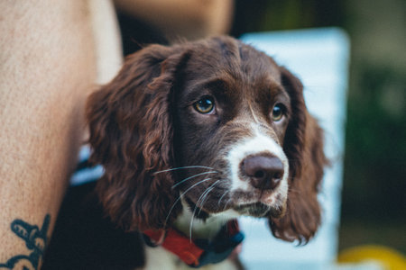 A closeup shot of an adorable brown Breton dog on blurred backgroundの写真素材