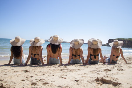 A sunny scenery of young females in bikinis posing on the beach