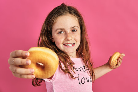 A portrait of a little girl offering a donut on a pink backgroundの写真素材