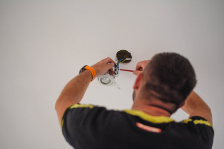 A back view of a handyman fixing electricity wires in a white wallの写真素材