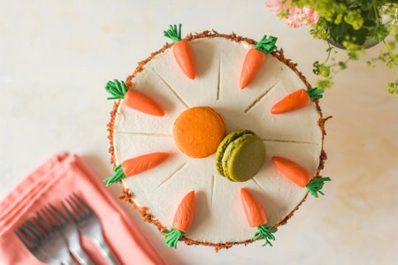 A top view of a cake with macarons and marzipan carrots