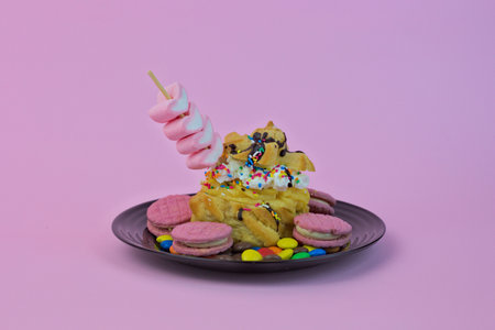 A closeup of delicious and sweet creamy pastry with marshmallows and candies on a pink background