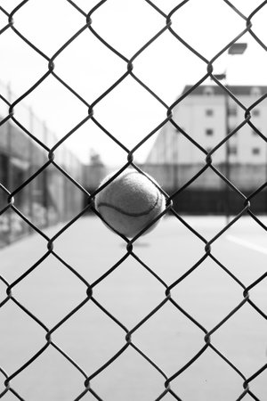 A vertical grayscale shot of a tennis ball stuck in a gateの写真素材