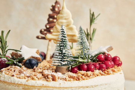 A closeup shot of beautiful Christmas cake toppingsの写真素材