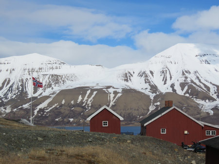 A beautiful shot of cozy houses and flag of Norway in the picturesque Longyear Town, snow-covered...