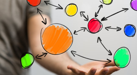 A person presenting the virtual projection of the colorful networking conceptの写真素材