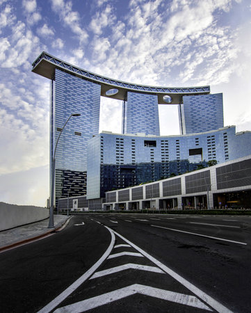 View of Reem gate towers from way down below the road at Abu Dhabi