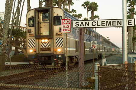The railway system in the coastal San Clemente city in the USA during sunsetのeditorial素材