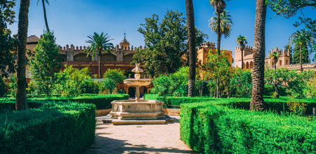 A beautiful amazing gardens in Royal Alcazar in Seville Spainの写真素材