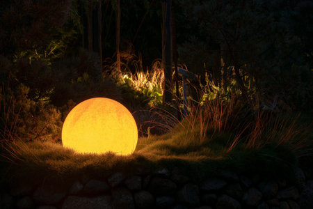 A closeup of a beautiful sun-shaped lamp in the forestの写真素材