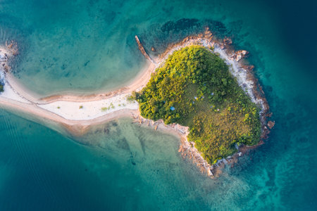 An aerial shot of seascape with island, Hong Kongの写真素材