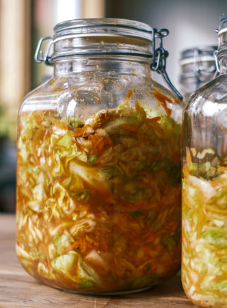 A vertical shot of pickled vegetable in a jar with blurred backgroundの写真素材