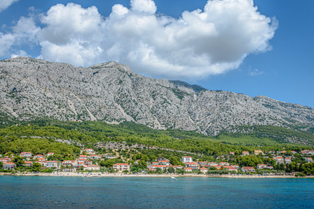 A beautiful view of Coastline under the mountains in Orebic, Croatiaの写真素材