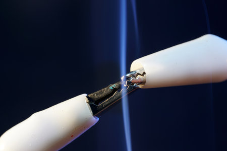 A closeup shot of two alligator clips clipping each other with a blue light