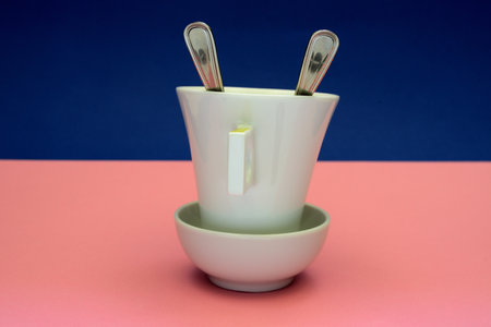 A closeup shot of a white cup with two silver spoons on a pink surface