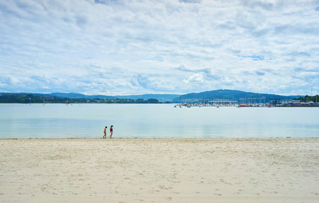 A beautiful shot of a calm beach under a bright cloudy skyの写真素材