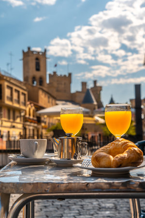 A vertical shot of a breakfast near  a castle in Navarra, Spainの写真素材