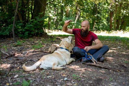 A young Caucasian male tourist exploring beautiful places with his labrador retriever