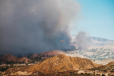An aerial shot of the wildfires of Santa Clarita, California, on October 2019の写真素材