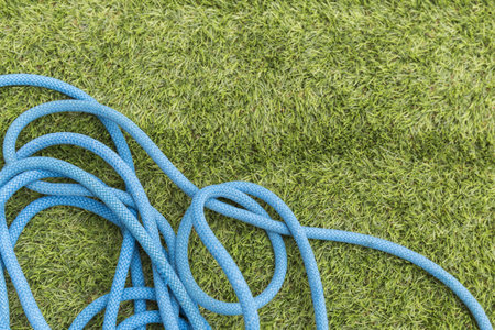 blue rope tied on the green grassの写真素材