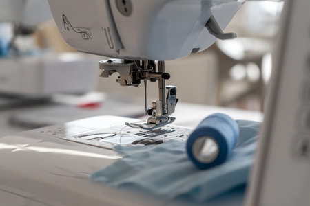 A closeup shot of the thread and the needle of a sewing machine