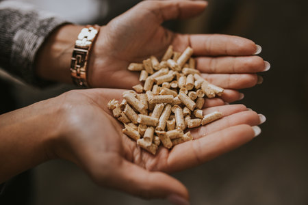 A closeup shot of hands with pig pellet foods on a blurred background