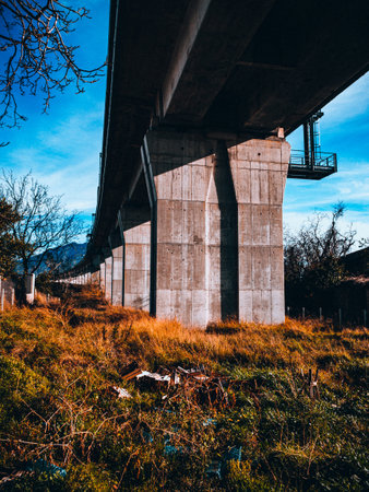 A vertical shot of a stone bridge and a field of green and yellow grass under itの写真素材