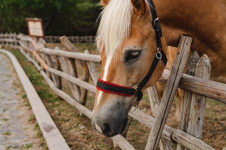 A closeup of a horse beside a wooden fence at a farmの写真素材
