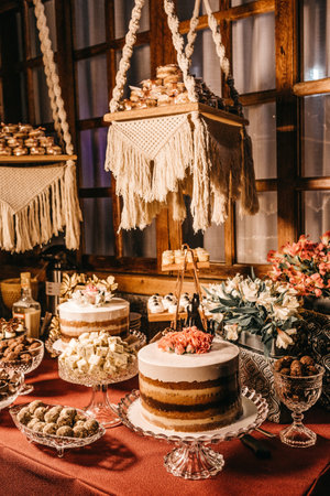 A vertical shot of a dessert table with various delicious pastries under the lightの写真素材
