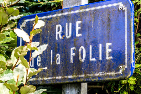 A closeup shot of a road sign STREET OF MADNESS on a blue signboardの写真素材