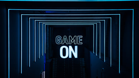 A blue neon "GAME ON" sign leading to the hallway at a gaming expoの写真素材