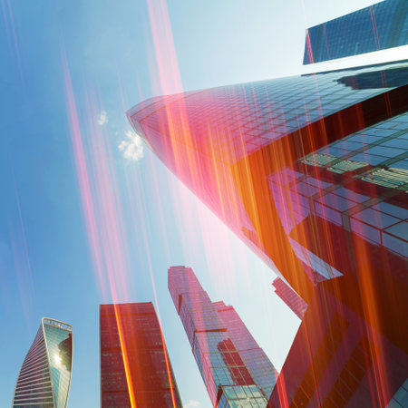 A low angle shot of modern skyscrapers - high-rise buildings in the downtown. Bottom view.の写真素材