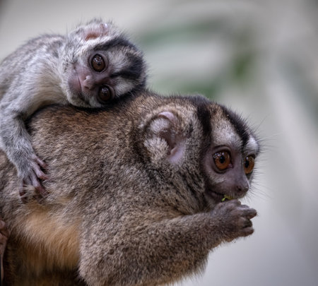 A selective focus shot of an adorable mother owl monkey with a baby owl monkey