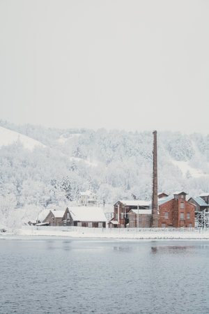 A beautiful winter landscape with snow-covered trees and buildings on the lake shore verticalの写真素材